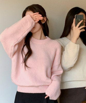 （高級ラムウール／選べる2タイプネック／10色展開♥）   ラムウール ラウンド＆Vネック ルーズフィットニット