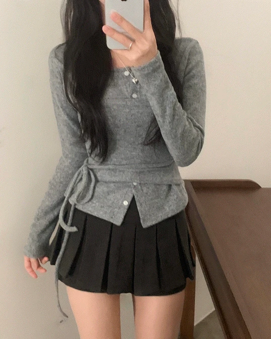 베로나 기모 리본 레이어드 여리핏 니트탑 버튼가디건 셋업