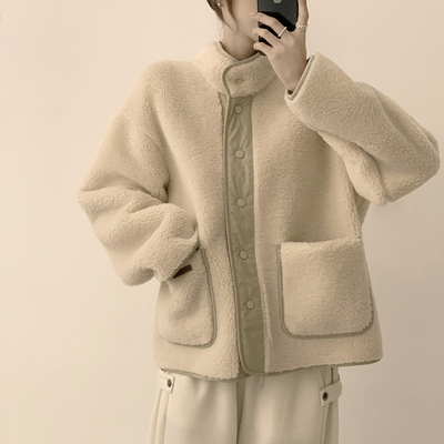 후끈후끈 도토리 양털 배색 겨울 긴팔 후리스 덤블 자켓 뽀글이 하이넥 플리스 점퍼 오버핏 데일리 아우터