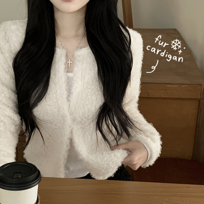 뽀글이 눈꽃 크롭 양털 크롭 라운드 겨울니트 퍼가디건 화이트 블랙