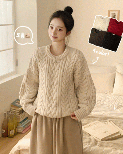 케이블 라운드 꽈배기 벌룬 겨울 레드니트 연말룩 크리스마스룩