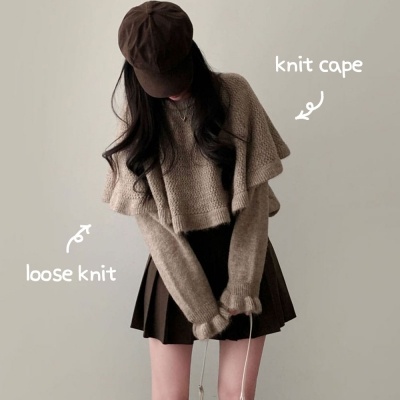 보온성 두배포근 보트넥 루즈핏 니트 케이프 숄 망토 세트