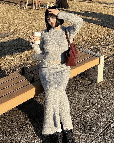 SET】ラウンドネックニット＋ロングスカートセットアップ｜ツーピース