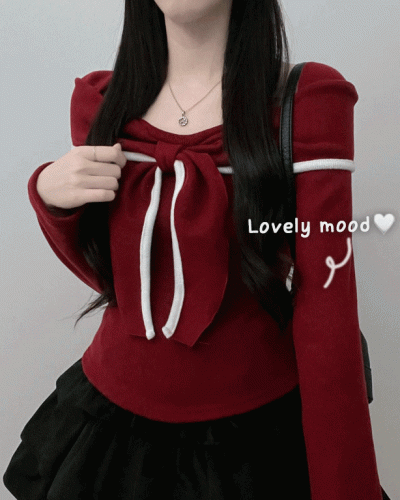 프시배색리본꼬임오프숄더기모긴팔티셔츠