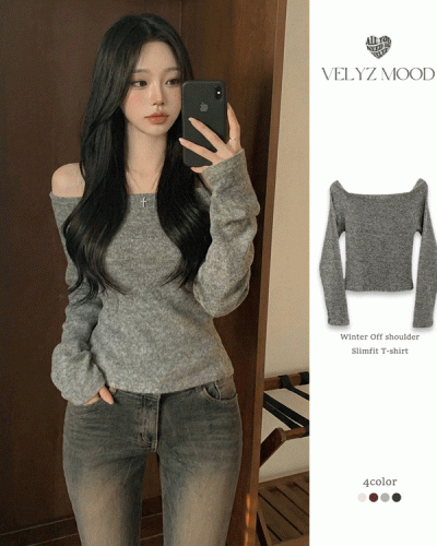 손등덮는 여리핏 오프숄더 겨울 기모 슬림핏 긴팔티셔츠 크리스마스룩 파티룩