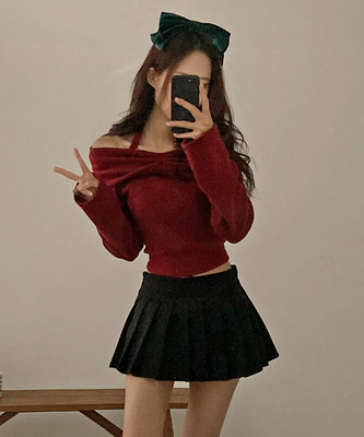 플럼 포근 기모 홀터 리본 오프숄더 티셔츠