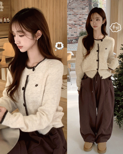 극강의 부드러움 바닐라 라운드 배색 루즈핏 버튼 긴팔 팬던트 겨울 와펜 여리핏 니트 가디건