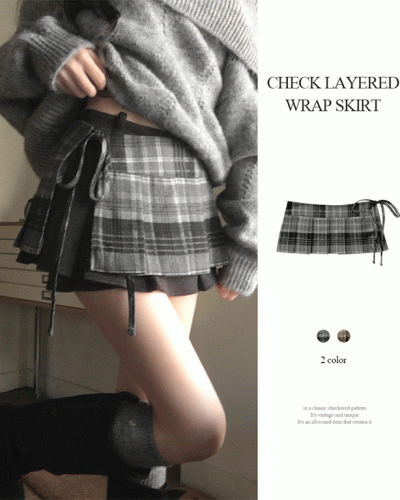 키코 체크 빈티지 플리츠 리본 끈 레이어드 미니 랩 스커트