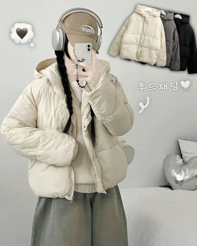 네크커버박스핏스트링후드숏패딩점퍼