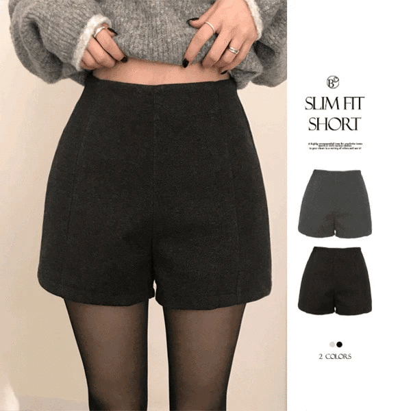 제뉴 울 하이웨스트 슬림핏 핀턱 모직 숏 팬츠