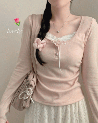 レイヤードレースボタンリボン長袖Tシャツ