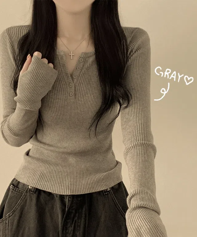 골지 버튼 슬림핏 긴팔티셔츠 니트