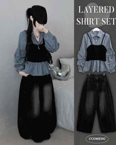 스트라이프뷔스티에레이어드주름핀턱셔츠남방