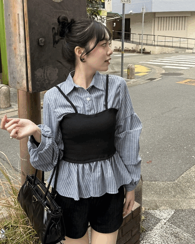 스트라이프 플레어 뷔스티에 셔츠