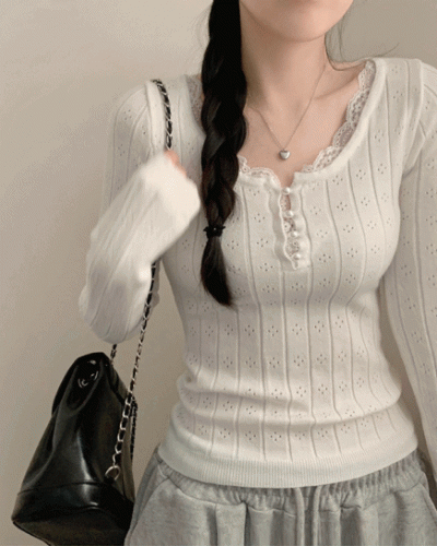 진주 콩단추 레이스 긴팔 니트티 긴팔티 니트 걸코어 레이어드 롱 슬림핏