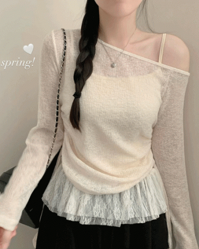 원숄더 레이어드 레이스 프릴 끈나시 티셔츠 나시 긴팔티 티셔츠 봄 봄옷 시스루 y2k 원오프 오프숄더