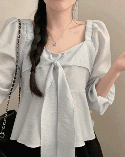 앤 리본 타이 스퀘어넥 긴팔 블라우스 하객룩 크롭 봄 봄옷 러블리 프릴 퍼프 벚꽃