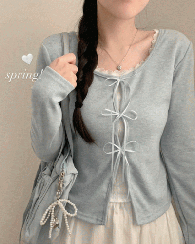 프리티 리본 레이어드 라운드넥 긴팔티 티셔츠 롱슬리브 봄 봄옷 청순 소라 벚꽃 데이트