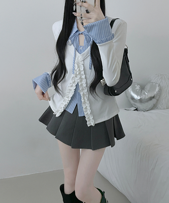 프릴스트라이프셔츠레이어드프릴가디건세트