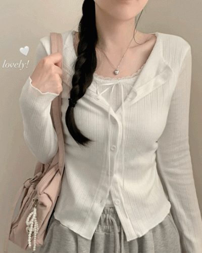 메리 레이스 리본 골지 상의 가디건 트임 허리잘록 셔링 레이어드 긴팔티 티셔츠 가디건 벚꽃 봄옷 봄