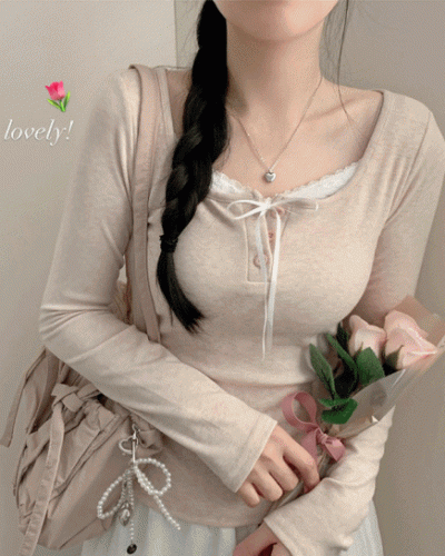 힐링 레이스 레이어드 상의 긴팔티 티셔츠 롱슬리브 모리걸 걸코어 여리 청순 봄 봄옷 가을 가을옷 벚꽃 데이트 리본