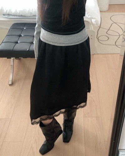 サテンレースミディスカート