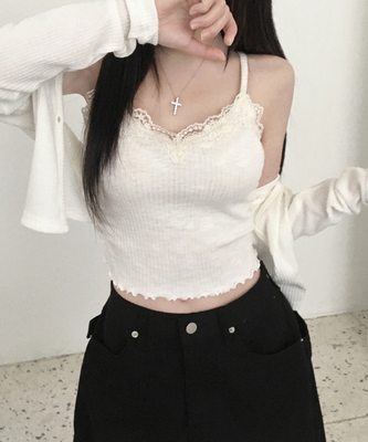 루닝 플라워 레이스 물결 골지 민소매 나시