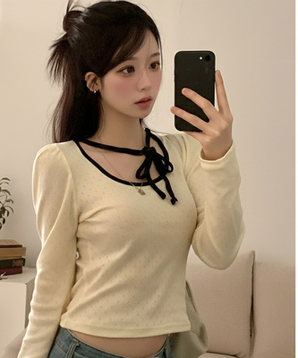 레몬솔베 아일렛 퍼프 리본 긴팔 티셔츠
