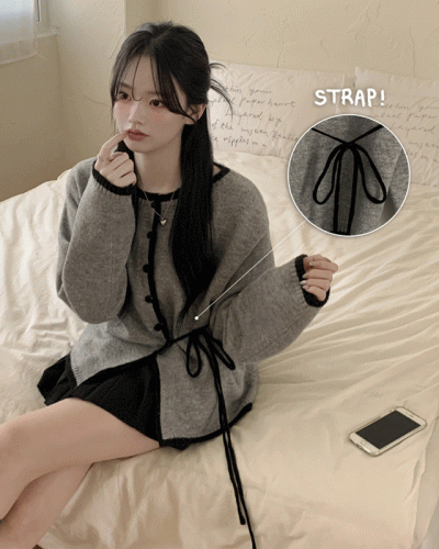 배색 스트랩 허리리본끈 니트가디건 울자켓 니트자켓 데이트룩 봄신상 봄자켓