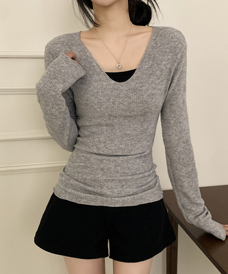 Vネックスリムフィット長袖Tシャツ(6color)