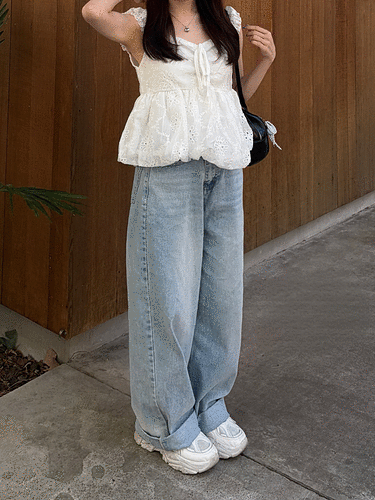 워싱 와이드 데님 팬츠