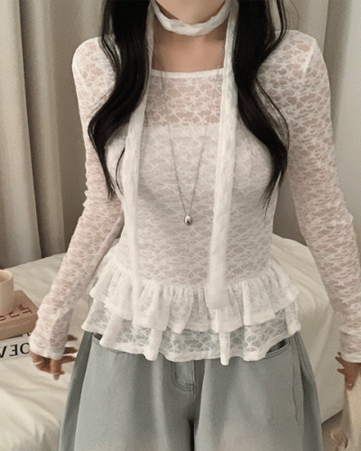 【タイ付き】チョーカーフリルティアードレースTシャツ