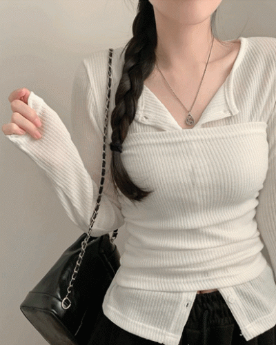 리리 레이어드 라운드넥 골지 긴팔 가디건 셔링 탑 세트 투피스 봄 봄옷 상의 벚꽃 수학여행