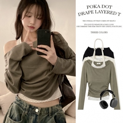 포카 도트 홀터 레이어드 드레이프 티셔츠