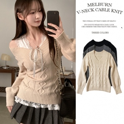 멜번 브이넥 꽈배기 롱 니트