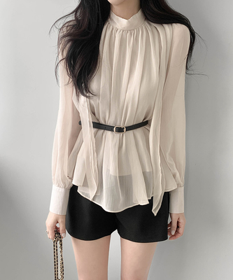 【ベルト付き】シフォンリボンブラウス