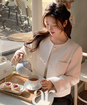 (ブランド工程/ハートボタンが輝く/春を抱くジャケット♥) ロエンミ ハートボタン 3ポケット ノーカラーツイードジャケット