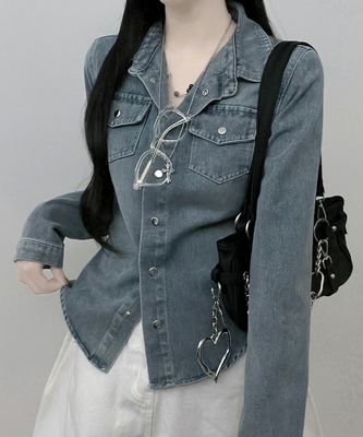 루틴워싱데님투포켓버튼잘록핏세미크롭청셔츠남방