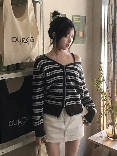 ワンショルダーストライプカーディガン