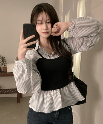 바인드 스트라이프 퍼프 뷔스티에 일체형 블라우스 셔츠