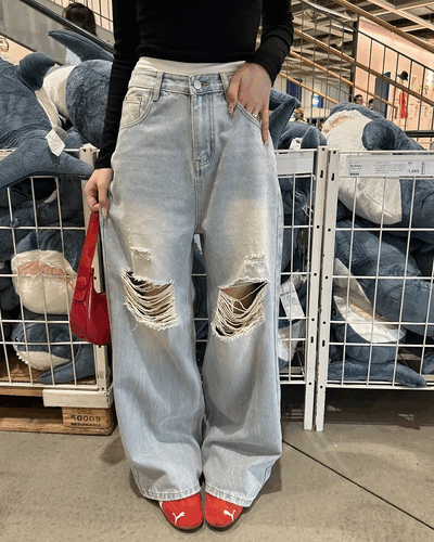 데미지 데님 스트레이트 팬츠