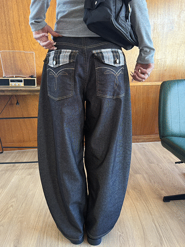 체크 스티치 와이드 팬츠