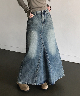 ウォッシュ加工切替デニムマキシロングスカート(5color)