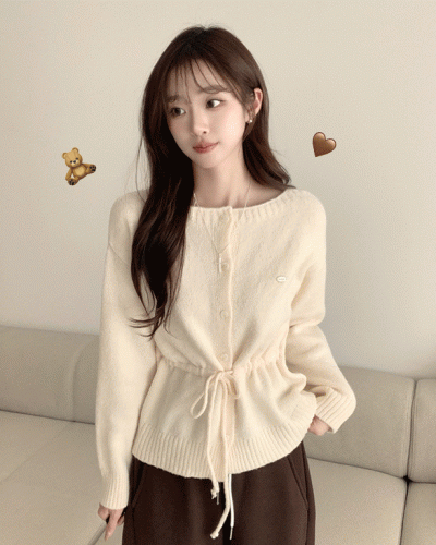 허리잘록 무이 라운드 버튼 봄 긴팔 스트랩 리본 보트넥 니트 가디건 데일리 스트링 단추 상의 5color