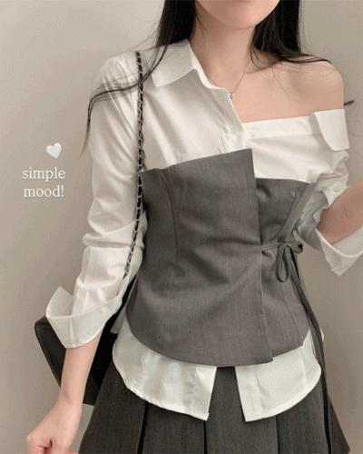 신상12쿠폰 원숄더 탑 레이어드 오프숄더 긴팔 배색 셔츠 블라우스 하객룩 봄 봄옷