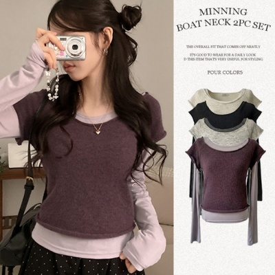 【SET着用可能】ボートネック半袖ニット 長袖Tシャツ