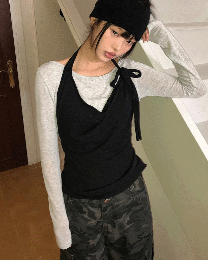 【SET】リップネックレイヤード長袖Tシャツ