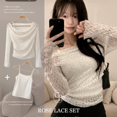 【SET】レースドレープシースルーオフショルトップス