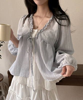 호시 스트라이프 프릴 리본 레이어드 블라우스 세트