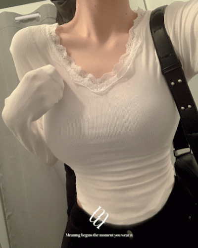 レースVネックリブ長袖Tシャツ